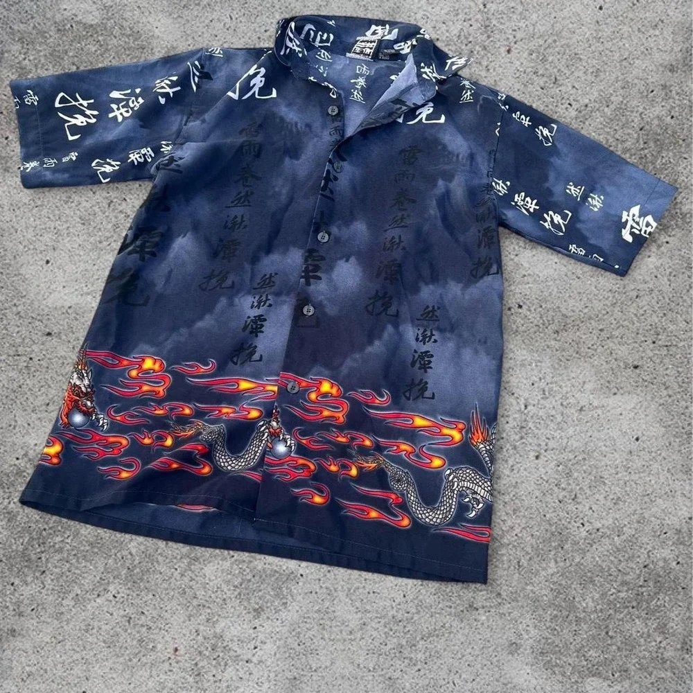 Youth Vintage Y2K Dragon Flame Shirt 10-12 Medium 2000s Chinese Asian Shaolin